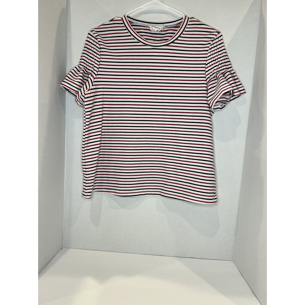 Anthropologie Red White Blue Smocked Ruffle Short Sleeve Knit Top Large USA